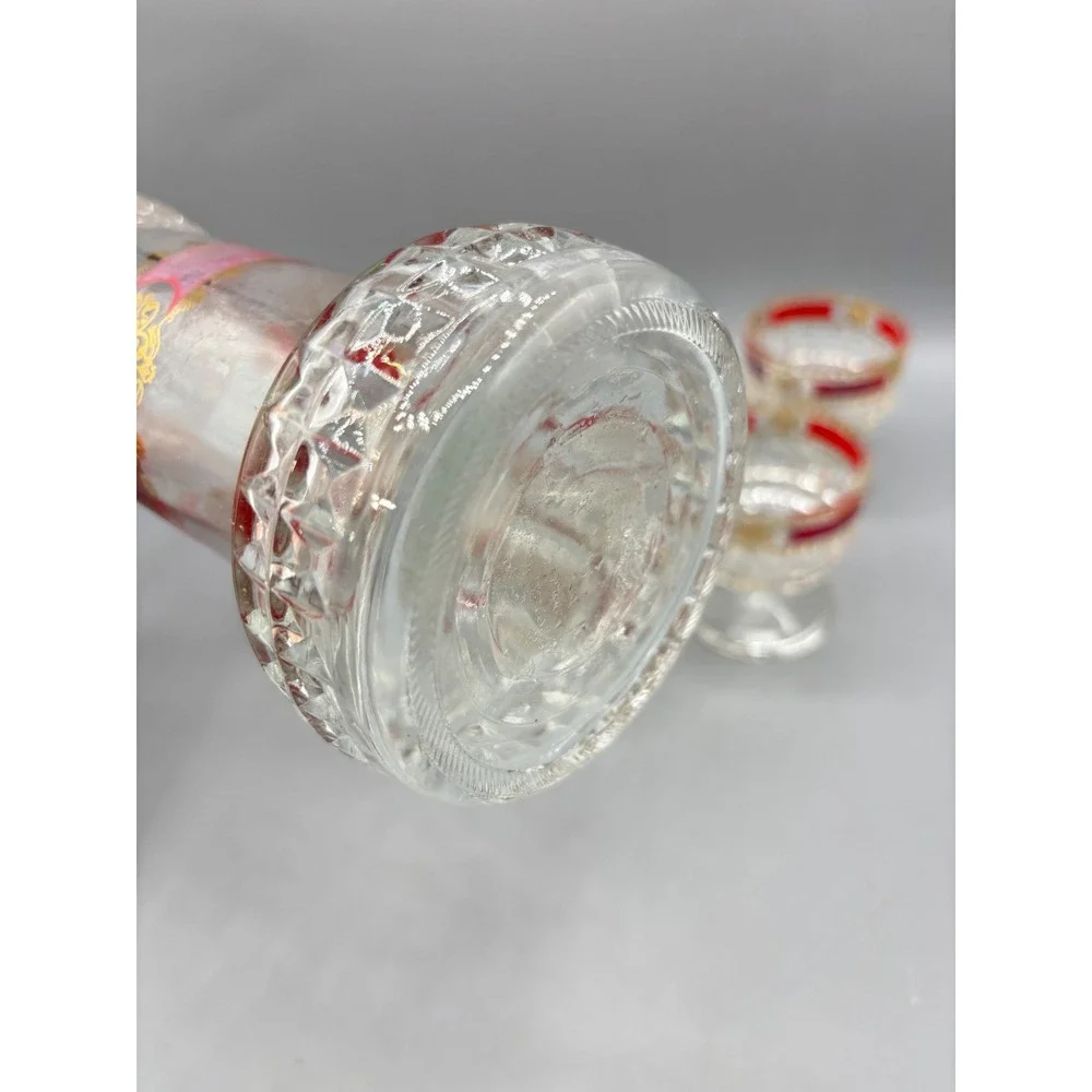 Vintage Red Gold Filigree Glass Decanter Set with 5 Cordial Glasses Bar EMPTY